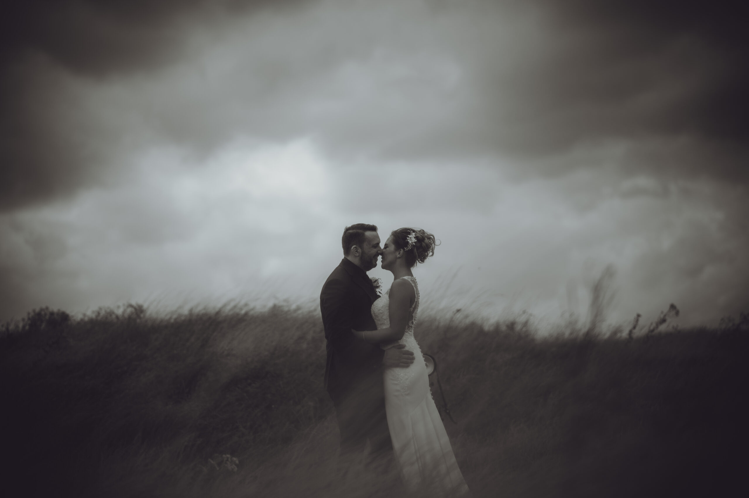 A bride and groom standing in a field under a stormy sky. (listing)