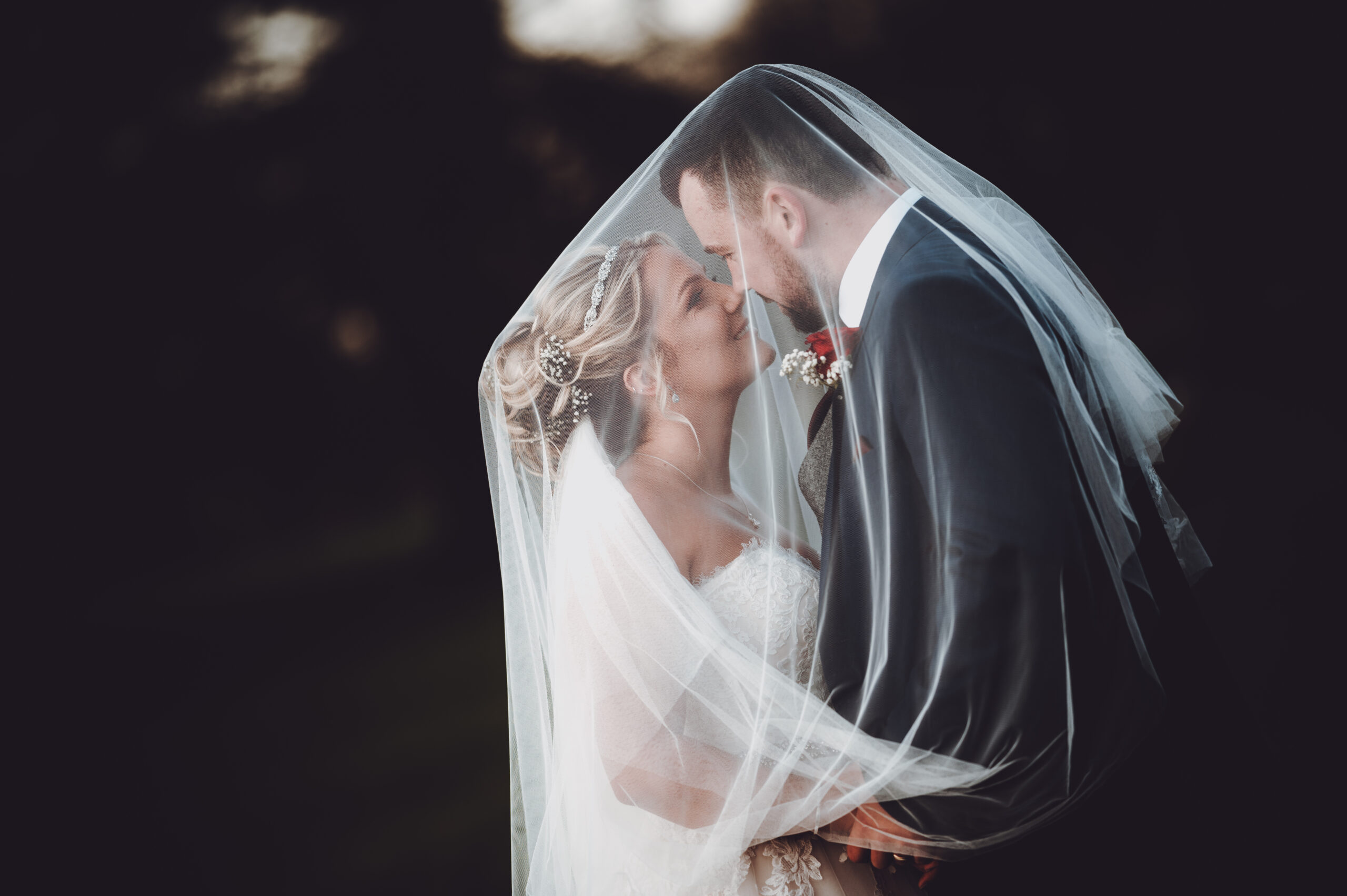 A bride and groom kissing under a veil. (listing)