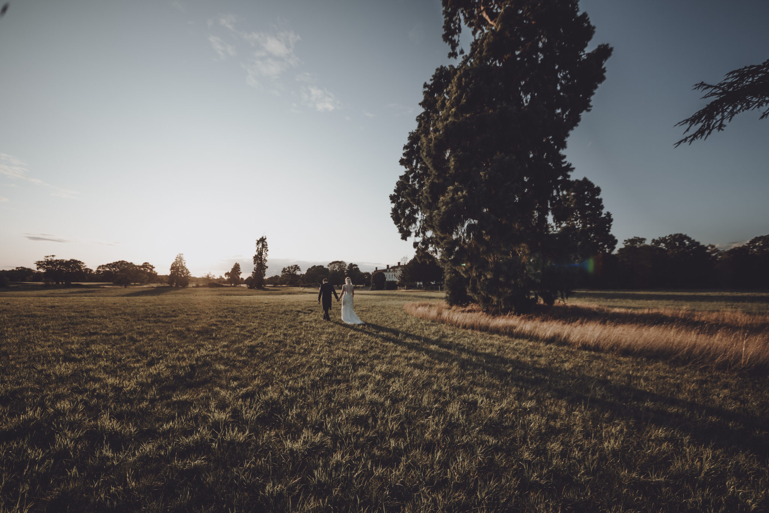 A bride and groom standing in a field at sunset. (listing)