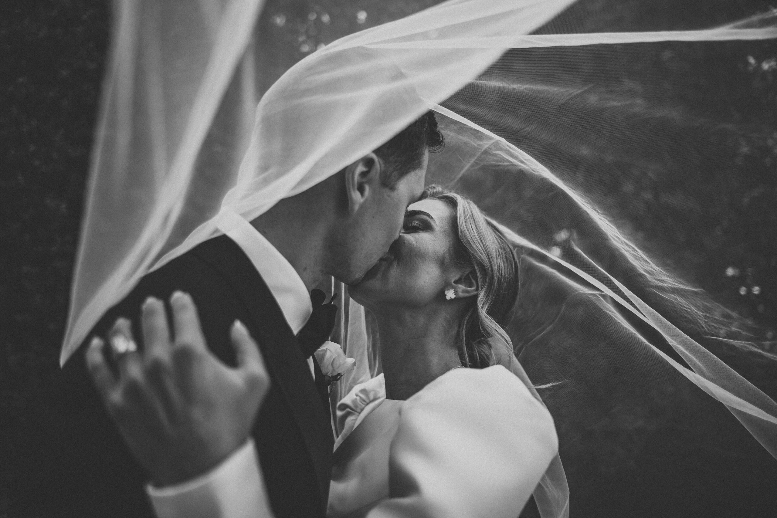 A bride and groom kiss under a veil. (listing)