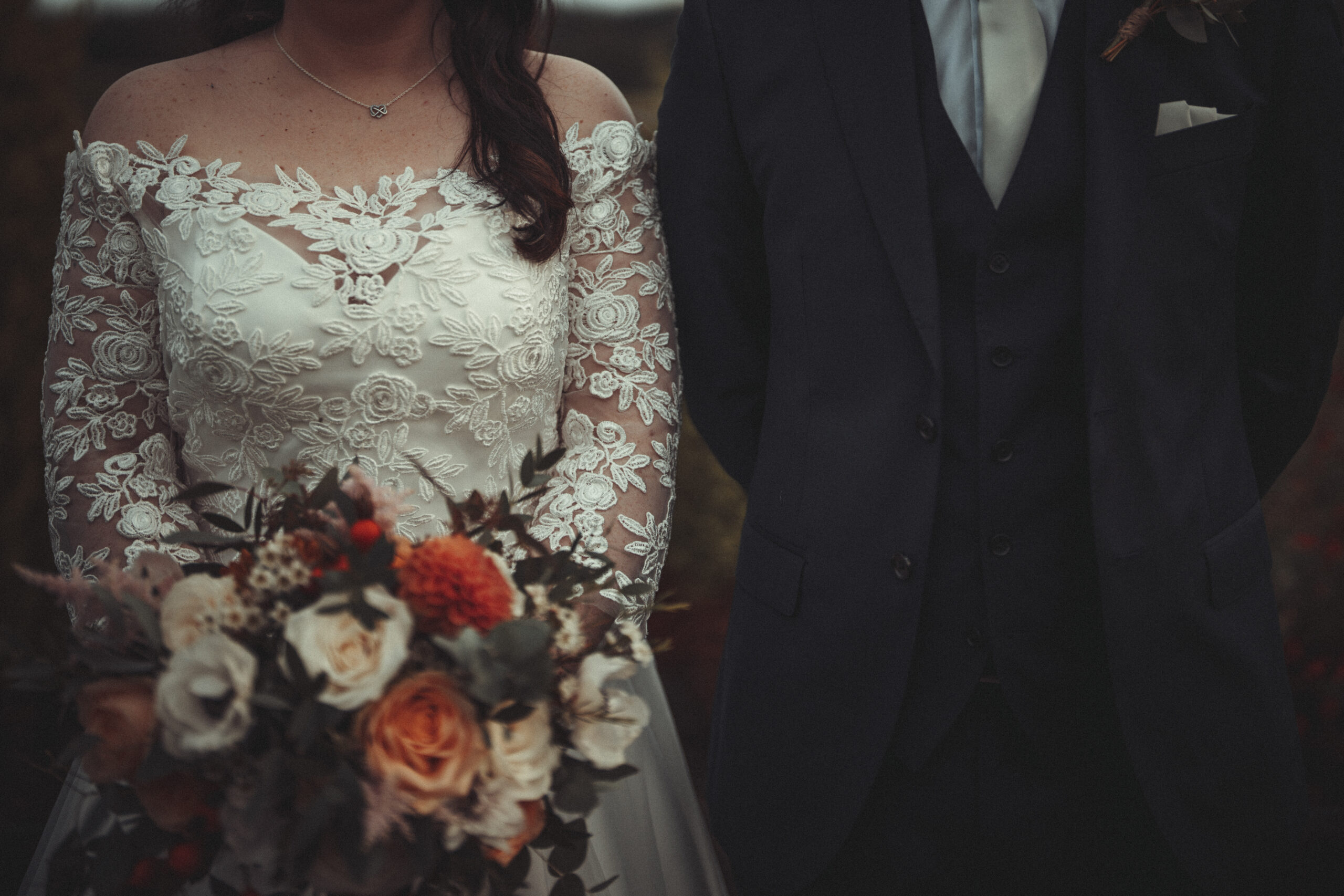 A bride and groom standing next to each other. (listing)