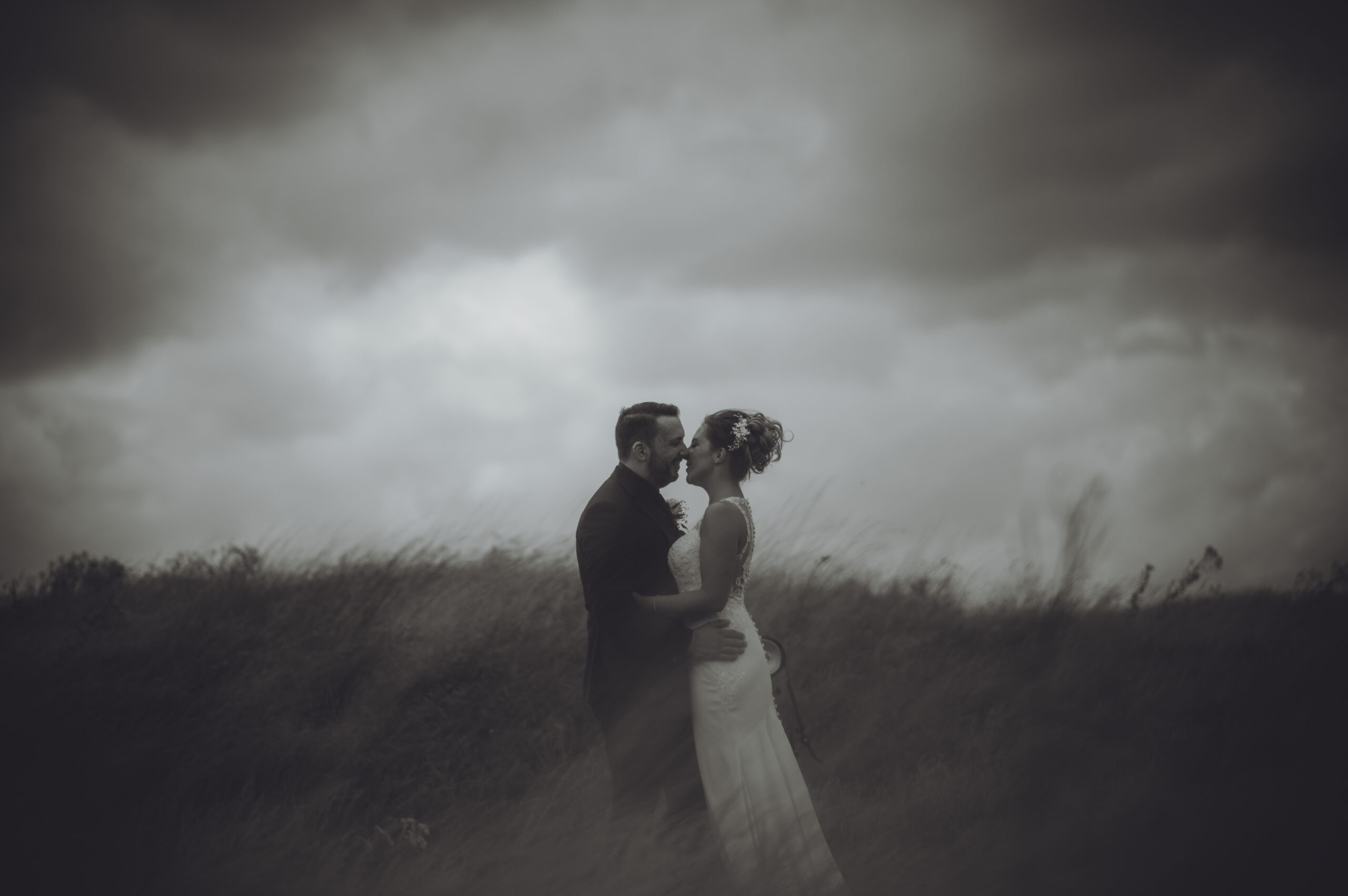 A bride and groom standing in a field under a stormy sky. (listing)