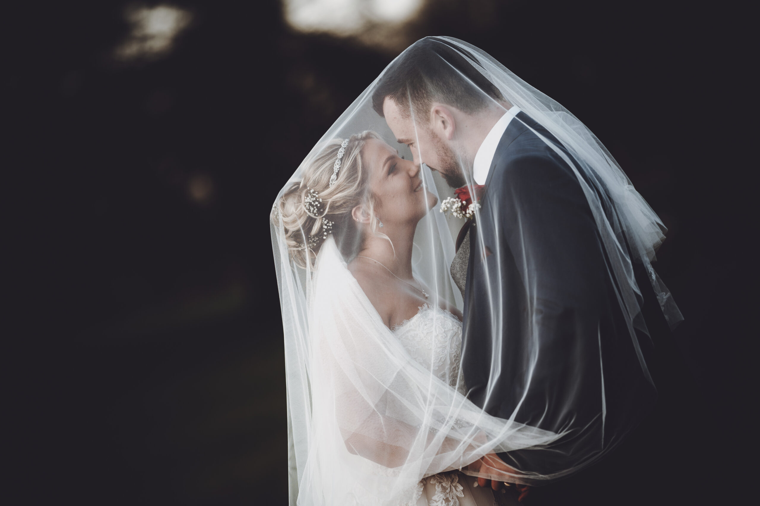 A bride and groom kissing under a veil. (listing)